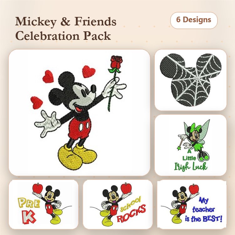 Mickey Mouse & Friends Embroidery Bundle – Mickey Mouse with Rose, Little Green Fairy & More (6 Designs)