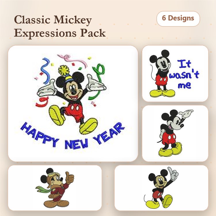 Mickey Mouse Expressions Embroidery Designs Bundle – Happy New Year, Confetti, Thumbs Up & More (6 Designs)