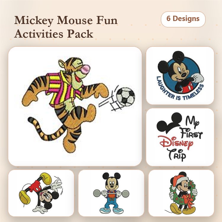 Mickey Mouse Fun Activities Embroidery Designs Bundle – Tigger Playing Soccer, Mickey with Weights & More (6 Designs)
