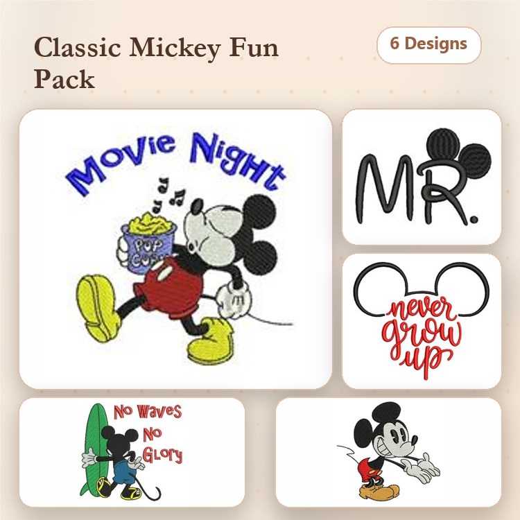 Mickey Mouse Embroidery Designs Bundle – Movie Night Mickey, Surfing Mickey, Mr. Mickey & More (6 Designs)