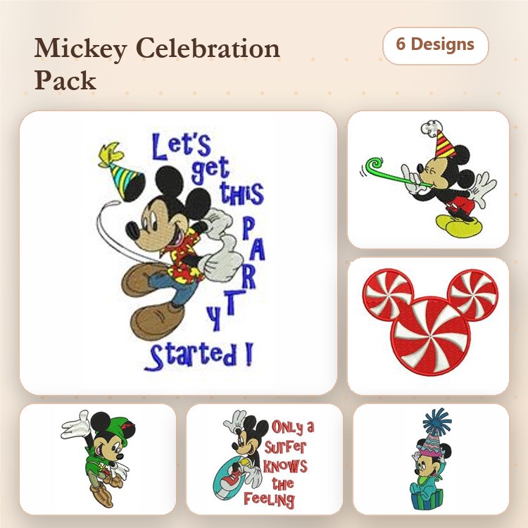 Mickey Mouse Celebration Embroidery Designs Bundle – Party Hat, Candy Cane, Surfboard & More (6 Designs)