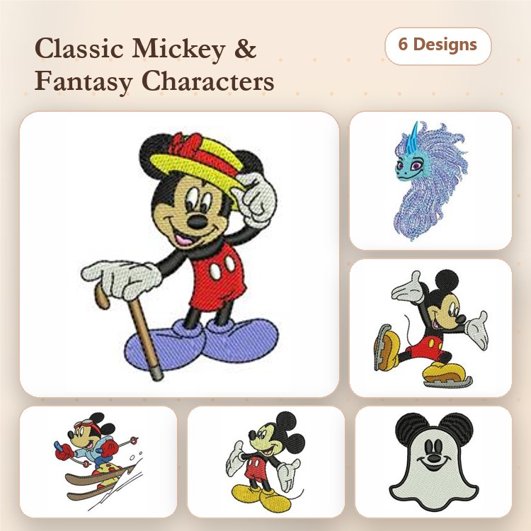Mickey Mouse & Fantasy Characters Embroidery Designs Bundle – Mickey with Cane, Skiing, & More (6 Designs)