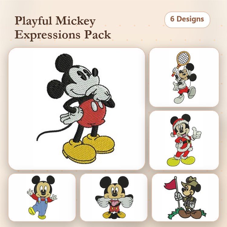 Mickey Mouse Embroidery Designs Bundle – Thinking, Tennis, Waving, & More (6 Designs)