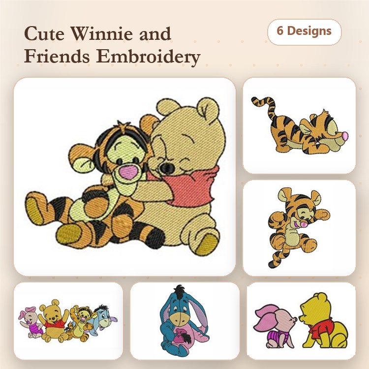 Winnie the Pooh Characters Embroidery Designs Bundle – Winnie the Pooh, Tigger, Eeyore, Piglet & More (6 Designs)