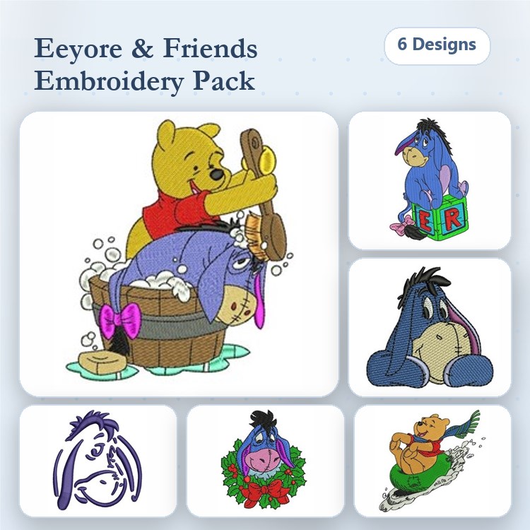 Eeyore and Friends Embroidery Designs Bundle – Eeyore in Tub, Eeyore with Wreath, Pooh with Eeyore & More (6 Designs)