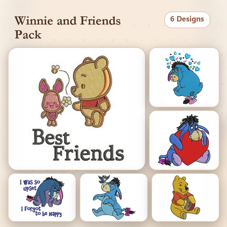 Winnie the Pooh & Friends Embroidery Bundle – Pooh with Piglet, Eeyore with Heart, & More (6 Designs)