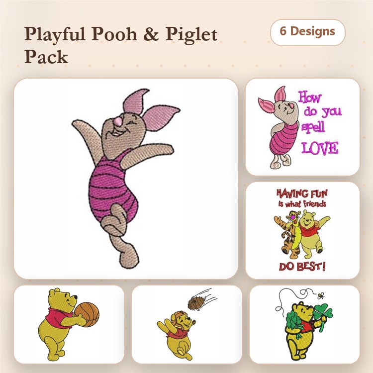 Winnie the Pooh Characters Embroidery Designs Bundle – Piglet Dancing, Pooh with Honey Pot, & More (6 Designs)