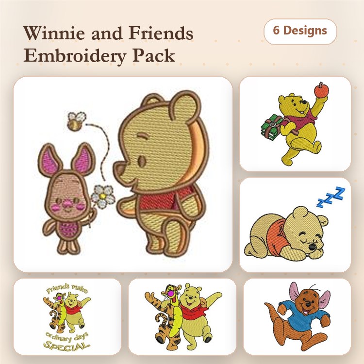 Winnie & Friends Embroidery Designs Bundle – Pooh with Rabbit, Pooh with Apple, Sleeping Pooh & More (6 Designs)