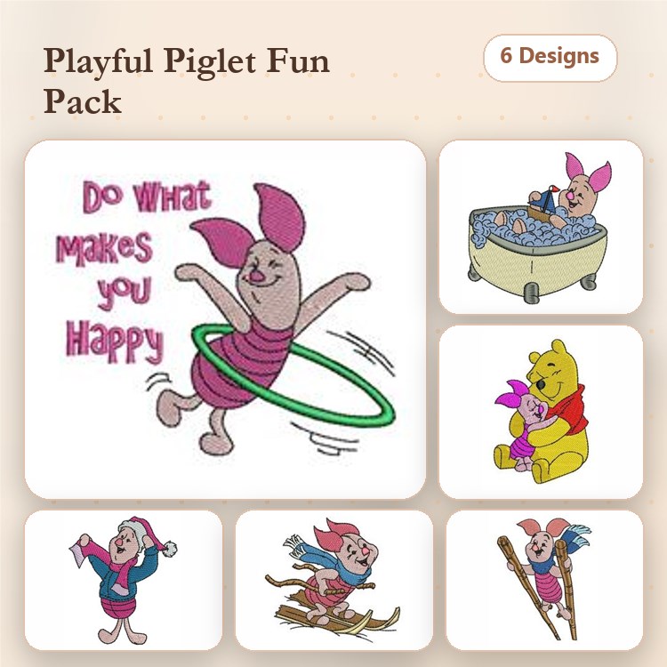 Playful Piglet Characters Embroidery Designs Bundle – Piglet with Hula Hoop, Piglet in Bath & More (6 Designs)