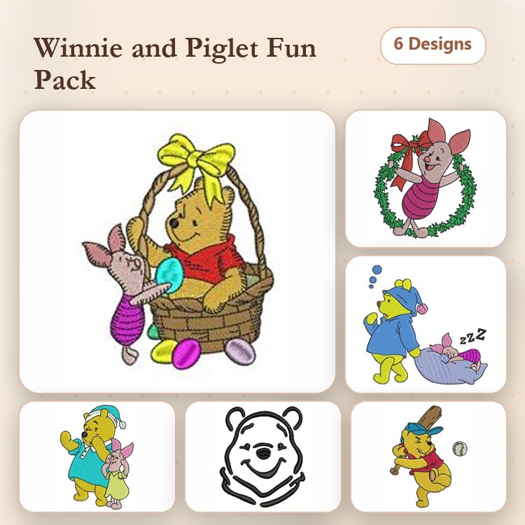 Winnie the Pooh & Piglet Easter Embroidery Designs Bundle – Pooh with Basket, Piglet with Eggs & More (6 Designs)