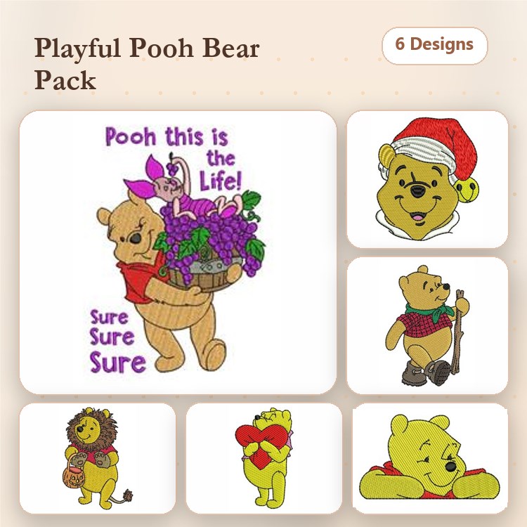 Playful Pooh Bear Embroidery Designs Bundle – Pooh with Grapes, Pooh in Santa Hat, & More (6 Designs)