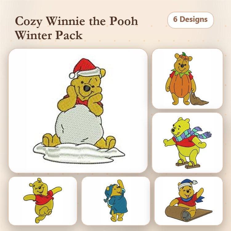 Winnie the Pooh Winter Embroidery Bundle – Pooh in Snow, Scarf, Pumpkin & More (6 Designs)