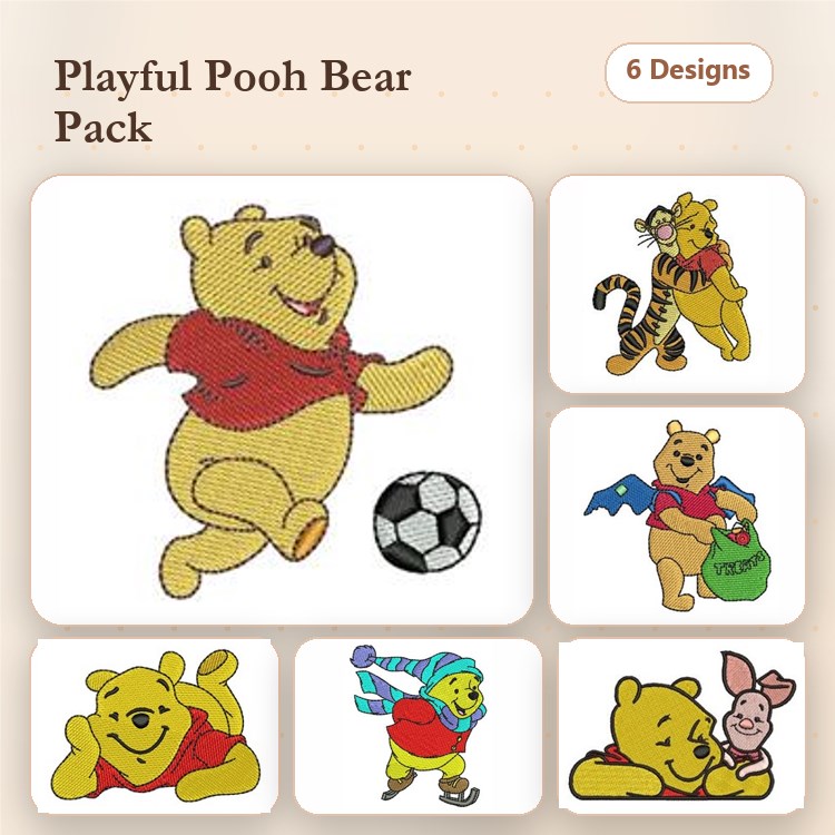 Winnie the Pooh & Friends Embroidery Designs Bundle – Soccer, Flying with Cape, Tigger & More (6 Designs)