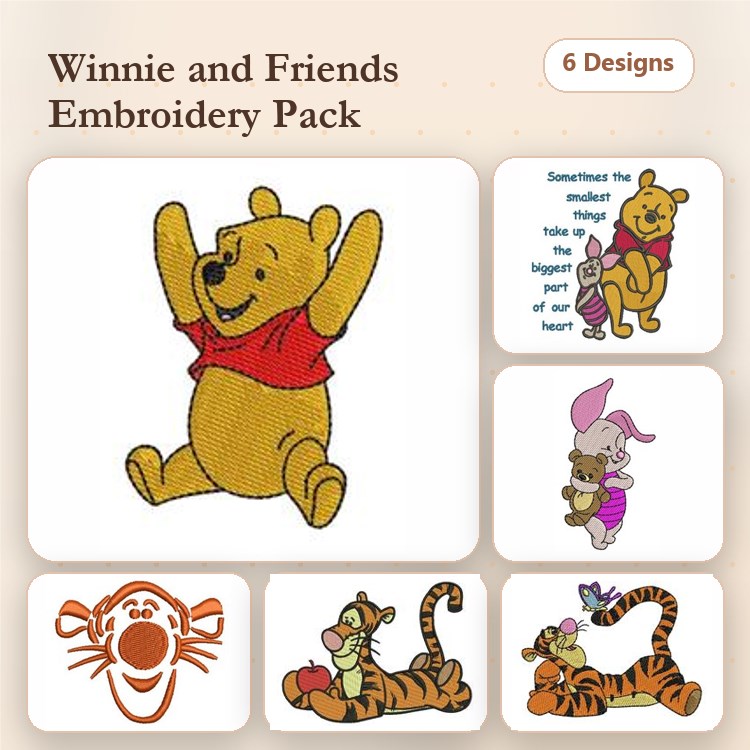 Winnie the Pooh and Friends Embroidery Bundle – Tigger, Piglet, Pooh & More (6 Designs)