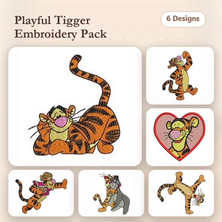 Tigger Embroidery Designs Bundle – Tigger Pose 1, Tigger Heart, Tigger Dancing & More (6 Designs)