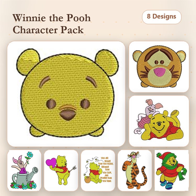 Winnie the Pooh Characters Embroidery Designs Bundle – Winnie the Pooh Face, Tigger, Eeyore, Piglet & More (8 Designs)