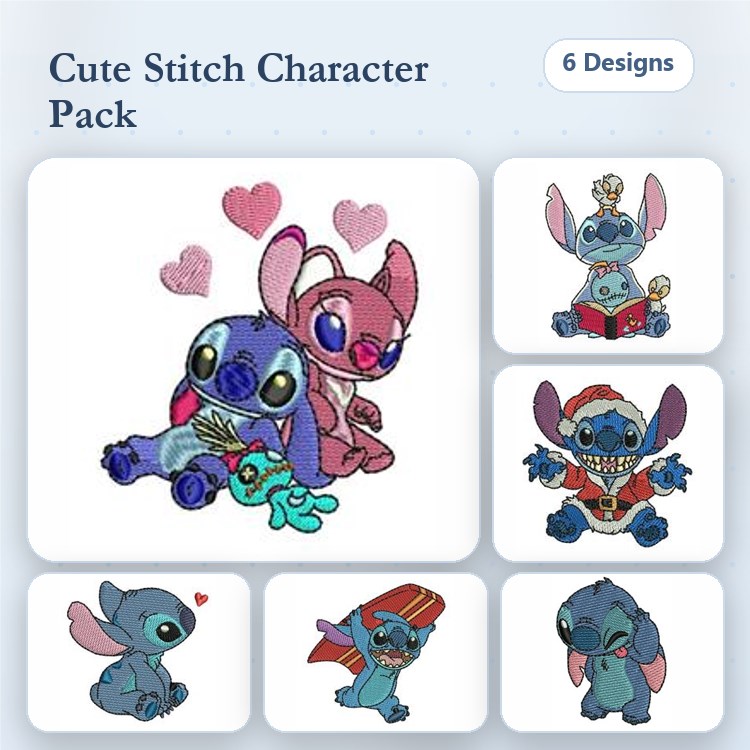 Cute Stitch Character Embroidery Designs Bundle – Stitch with Hearts, Stitch in Santa Hat, & More (6 Designs)