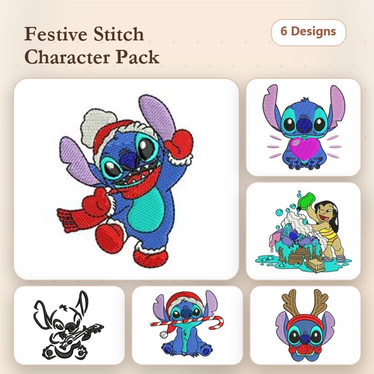 Festive Character Embroidery Bundle – Stitch with Scarf, Stitch with Heart, Stitch Playing Guitar & More (6 Designs)