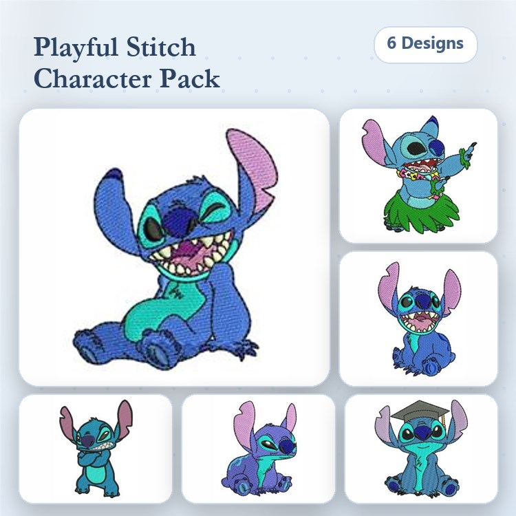 Stitch Character Embroidery Designs Bundle – Hula Skirt, Winking, Sitting & More (6 Designs)