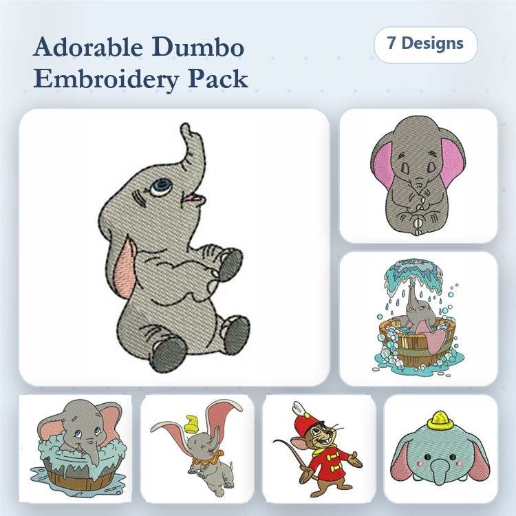 Dumbo Embroidery Bundle – Dumbo Sitting, Dumbo Splashing Water, Timothy Mouse & More (7 Designs)