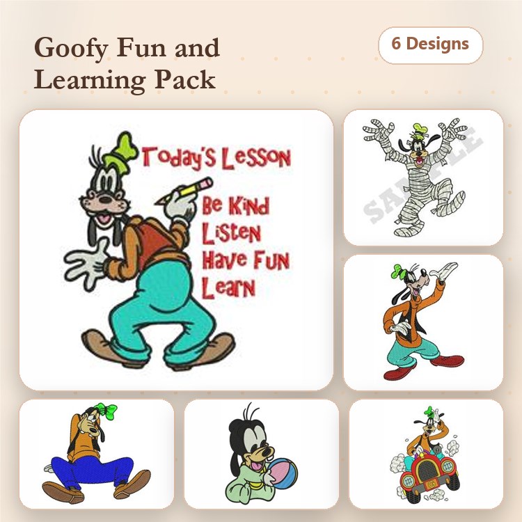 Goofy Character Embroidery Designs Bundle – Goofy with Marker, Be Kind Phrase, Goofy Reading & More (6 Designs)