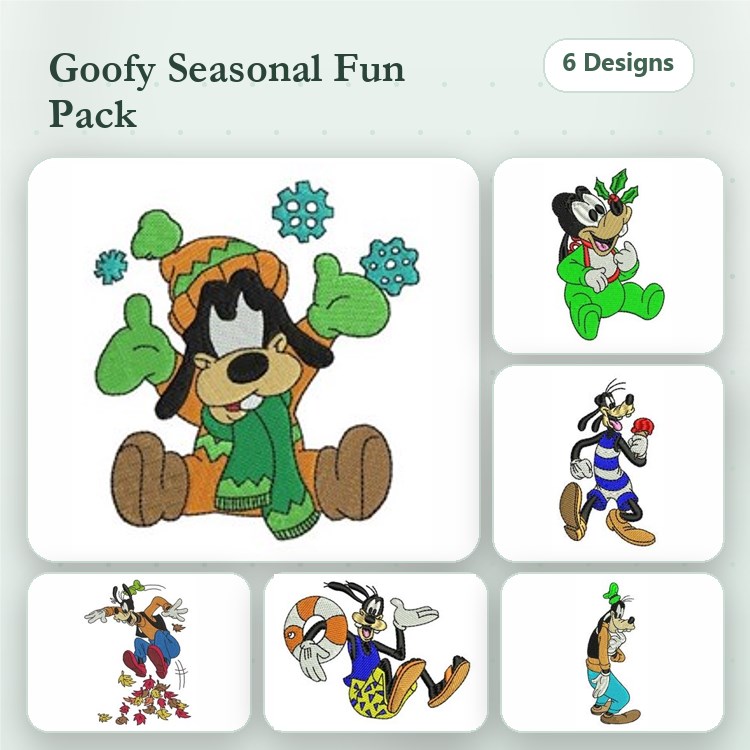 Goofy Seasonal Outfits Embroidery Designs Bundle – Winter, Spring, Summer, Fall & More (6 Designs)