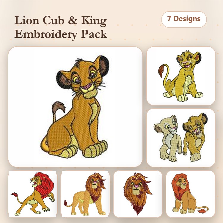 Lion Characters Embroidery Bundle – Lion Cub, Young Lion, Adult Lion & More (7 Designs)