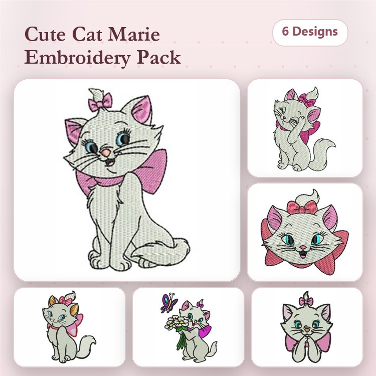 Cute Cat Embroidery Bundle – Sitting Cat with Bow, Cat Face with Bow, Cat with Flower Bouquet & More (6 Designs)