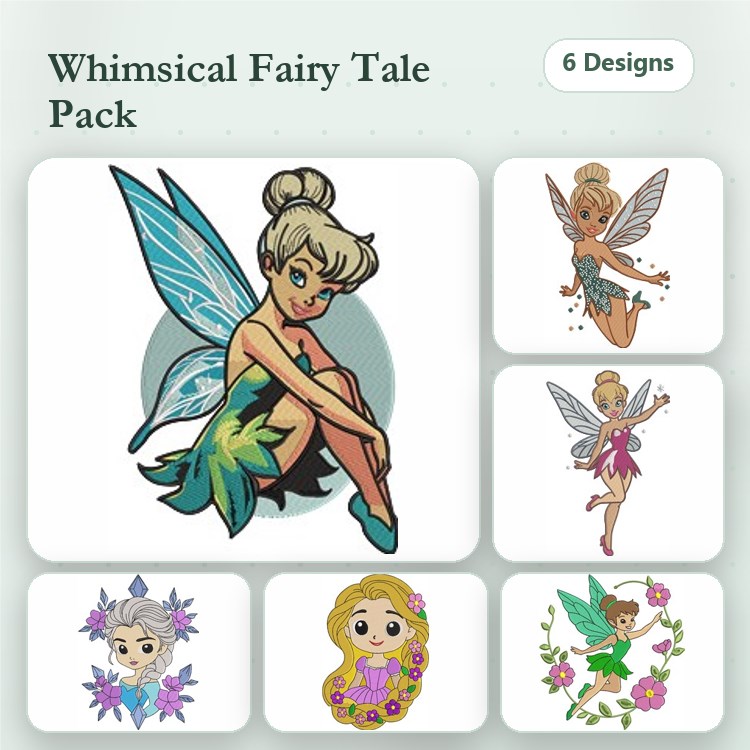 Fairy Tale Characters Embroidery Designs Bundle – Fairy with Green Dress, Sitting Fairy, Flower Fairy & More (6 Designs)