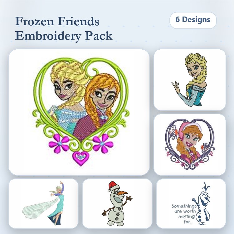 Elsa, Anna & Olaf Embroidery Bundle – Heart Design, Elsa in Dress, Anna in Dress & More (6 Designs)
