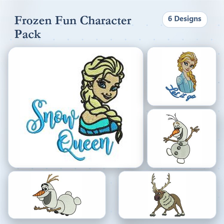Frozen Character Embroidery Designs Bundle – Snow Queen, Elsa, Olaf, Sven & More (6 Designs)