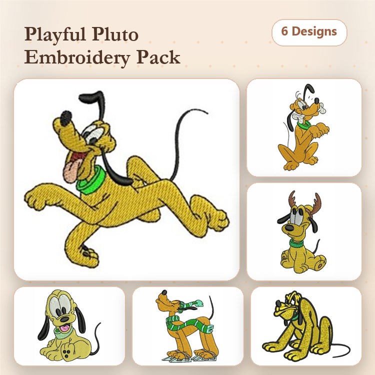 Pluto Embroidery Bundle – Disney's Beloved Dog (6 Designs)