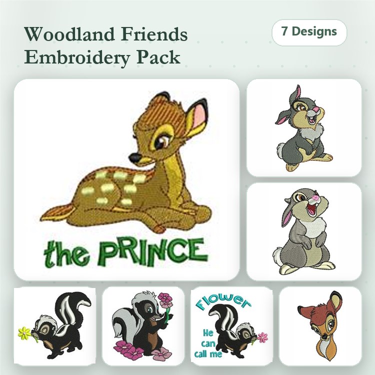 Woodland Animals Embroidery Designs Bundle – Bambi, Thumper, Skunk with Flower & More (7 Designs)