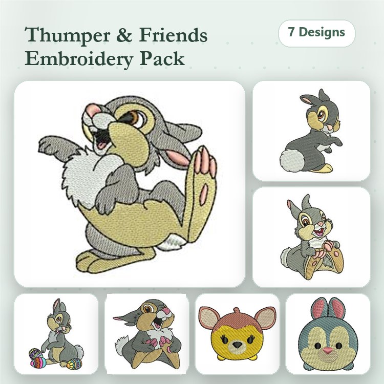 Thumper & Friends Embroidery Designs Bundle – Thumper Character, Bunny with Ears Up, Bunny Sitting & More (7 Designs)
