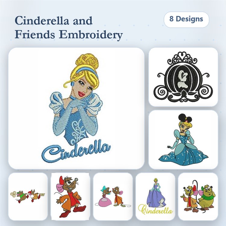 Cinderella & Friends Embroidery Designs Bundle – Cinderella Portrait, Mickey Mouse, Fairy Godmother & More (8 Designs)