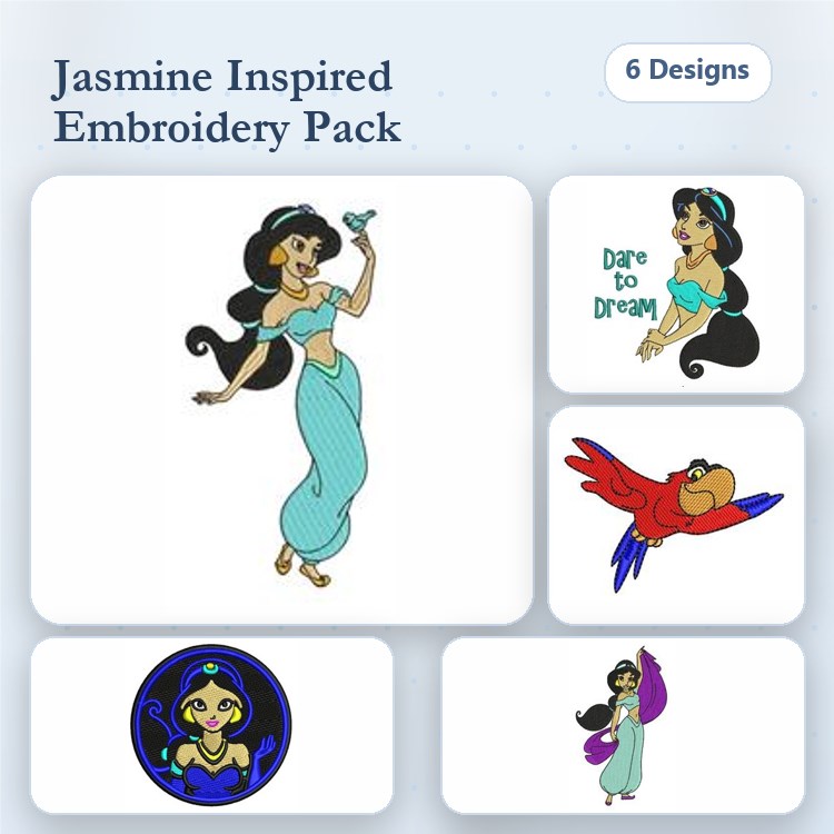 Jasmine Inspired Characters Embroidery Bundle – Jasmine with Parrot, Jasmine with Heart, & More (6 Designs)