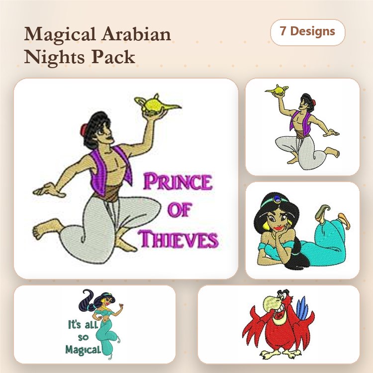Magical Arabian Nights Embroidery Designs Bundle – Aladdin, Princess Jasmine, Prince of Thieves & More (7 Designs)