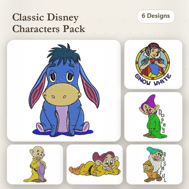 Classic Disney Characters Embroidery Bundle – Eeyore, Snow White Emblem, Dopey, Grumpy & More (6 Designs)