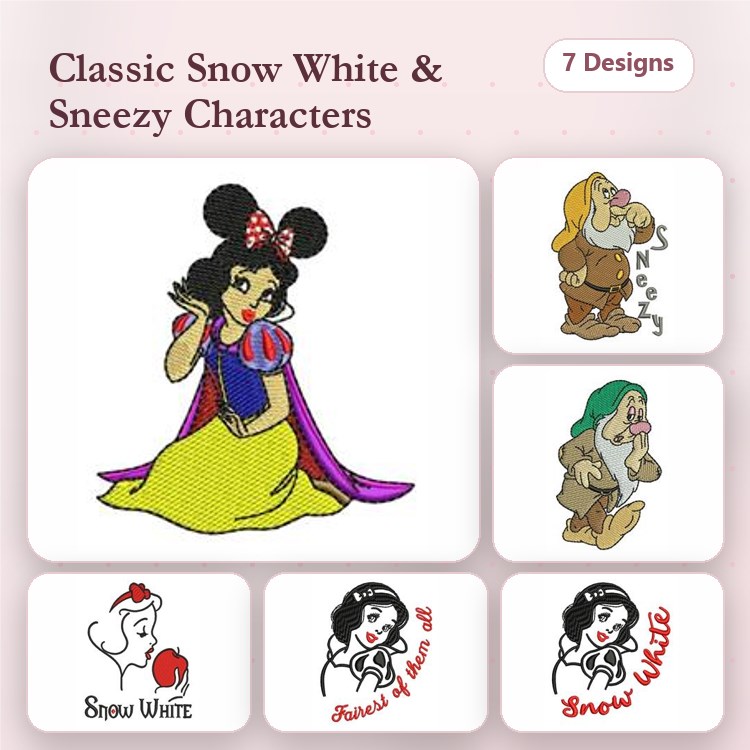 Snow White & Sneezy Characters Embroidery Designs Bundle – Snow White, Sneezy Dwarf, & More (7 Designs)