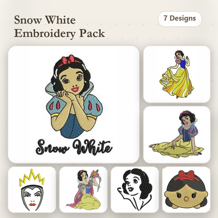 Snow White Characters Embroidery Designs Bundle – Snow White with Apple, Evil Queen, Snow White Full Body & More (7 Designs)