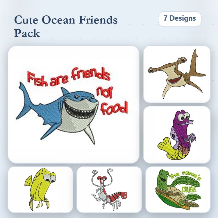 Ocean Characters Embroidery Designs Bundle – Shark, Octopus, Crab, Turtle & More (7 Designs)