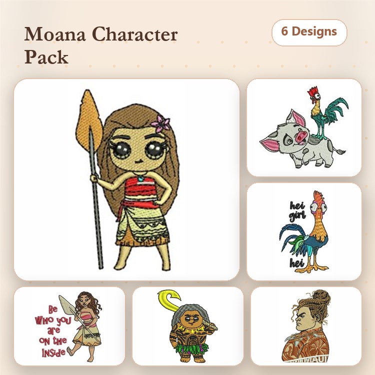 Moana Characters Embroidery Bundle – Moana with Spear, Pua the Pig, Heihei the Rooster & More (6 Designs)