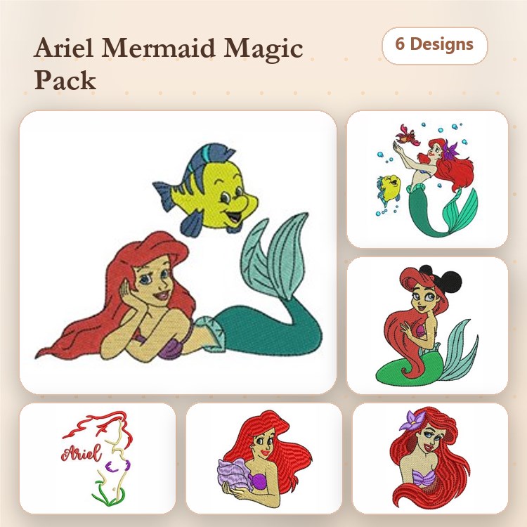 Mermaid Adventure Embroidery Designs Bundle – Ariel, Flounder, Mickey Ears & More (6 Designs)