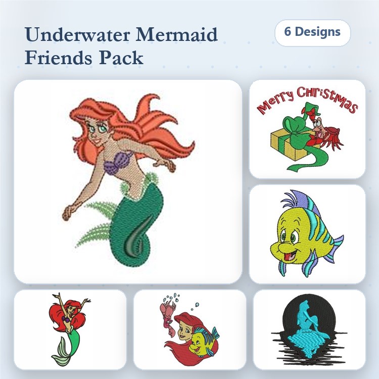 Underwater Mermaid Friends Embroidery Designs Bundle – Mermaid with Purple Seashells, Merry Christmas Mermaid & More (6 Designs)