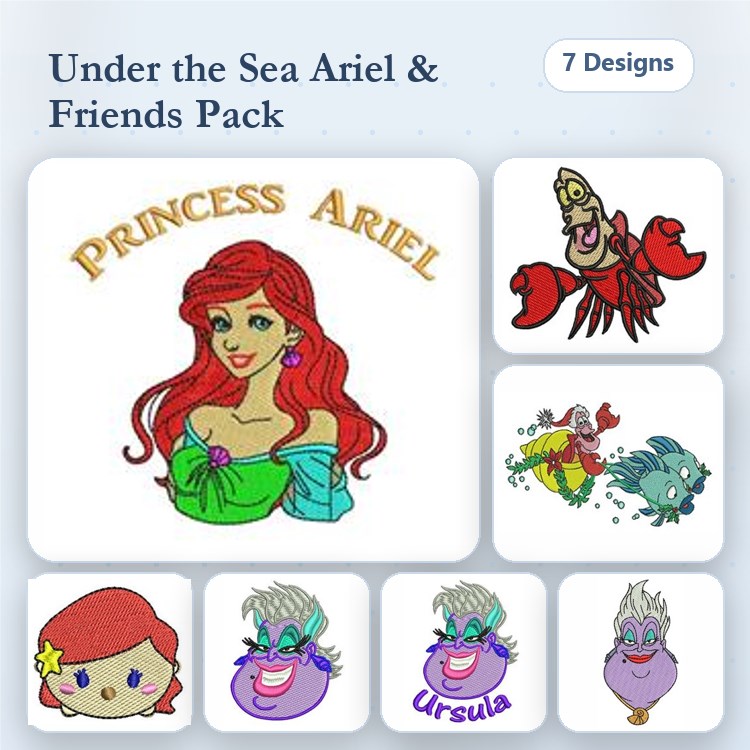 Under the Sea Characters Embroidery Bundle – Princess Ariel, Sebastian the Crab, Ursula & More (7 Designs)