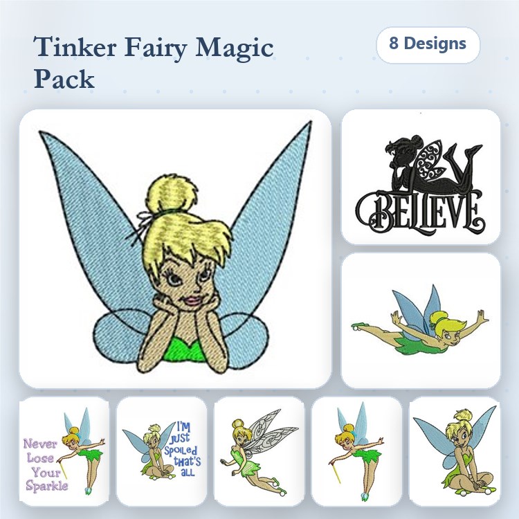 Tinker Fairy Embroidery Designs Bundle – Tinker Fairy with Wings, Believe, Tinker Fairy in Flight & More (8 Designs)