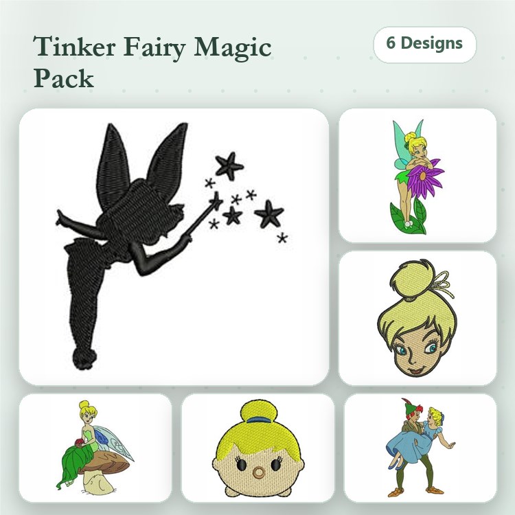 Tinker Fairy Magic Embroidery Designs Bundle – Tinker Bell Silhouette, Tinker Bell with Flower, Tinker Bell with Wand & More (6 Designs)