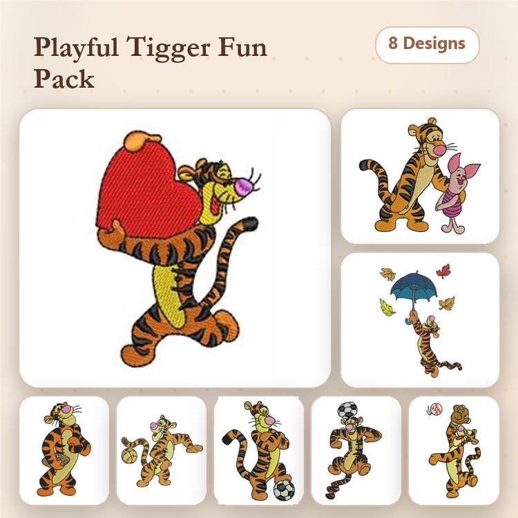 Playful Tigger Embroidery Bundle – Tigger with Heart, Tigger Jumping, Tigger Dancing & More (8 Designs)