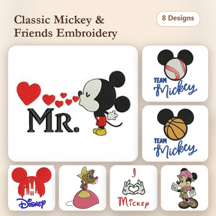 Mickey Mouse & Friends Embroidery Designs Bundle – Mickey with Hearts, Sports Themes & More (8 Designs)