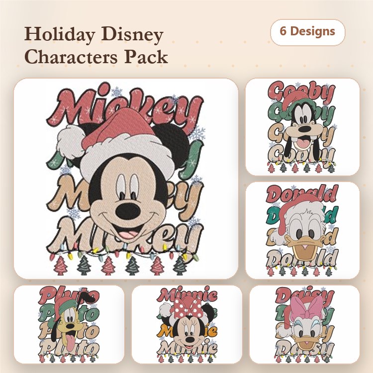 Holiday Disney Characters Embroidery Designs Bundle – Mickey Mouse, Donald Duck, Minnie Mouse & More (6 Designs)